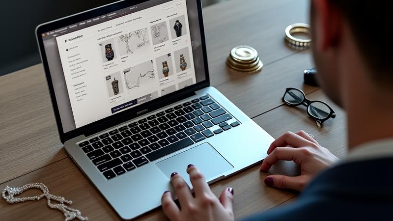Person am Laptop mit E-Commerce-Plattform auf dem Bildschirm, Schmuckstücke daneben, symbolisierend Online-Verkauf