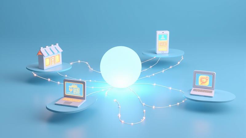 Ein visuelles Netzwerk, das physische Geschäfte, Laptops, Handys und Social-Media-Icons verbindet, symbolisierend ein Omnichannel-Kundenerlebnis