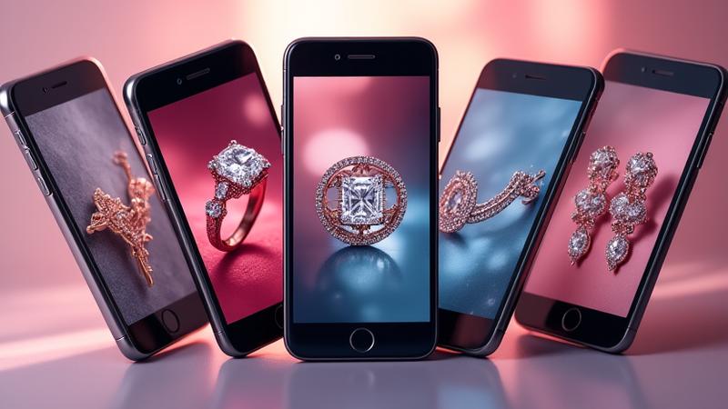 Vier Smartphone-Bildschirme, die Social-Media-Feeds mit ansprechenden Schmuckpostings zeigen, symbolisierend Social Commerce