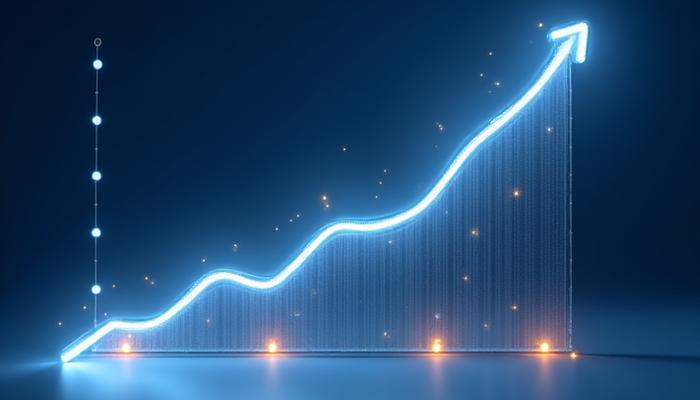 Ein abstraktes Säulendiagramm zeigt das dynamische Wachstum von Online- gegenüber Offline-Verkäufen im Schmuckhandel, mit leuchtenden Linien und Punkten.