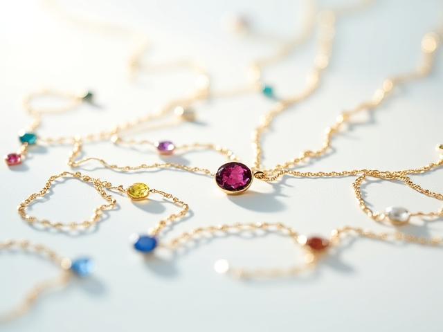 Ein stilisiertes Display eines modularen Charm-Armband-Konfigurators mit austauschbaren Elementen.