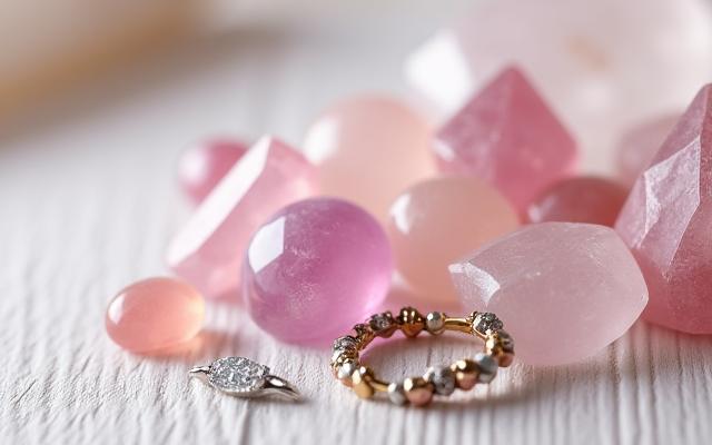 Rosenquarz, Amethyst und Bergkristall harmonisch angeordnet mit filigranen Schmuckstücken