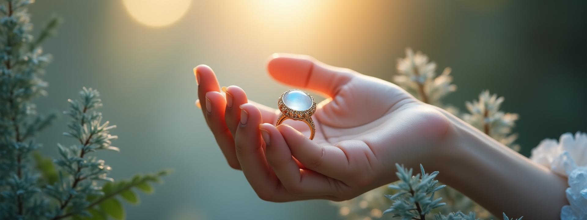 Hand hält einen Mondstein-Ring, umgeben von sanftem, mystischem Licht, symbolisierend spirituellen Schmuck