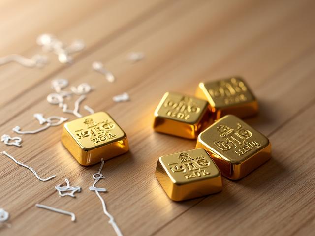 Nahaufnahme von Goldbarren mit Fairtrade-Siegel und digitalen Diagrammen, die eine optimierte Lieferkette darstellen.