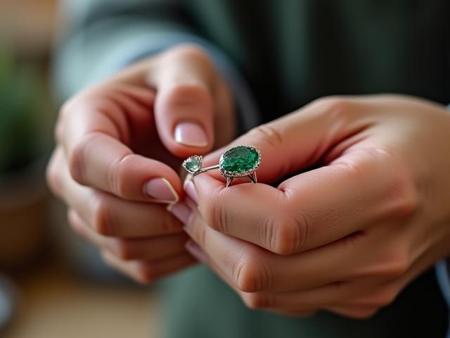 Nahaufnahme eines Schmuckdesigners, der einen Ring mit einem ethisch gewonnenen Edelstein in Händen hält.