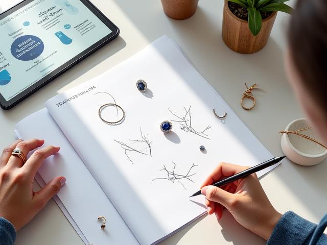 Ein Schmuckdesigner skizziert auf Papier nachhaltige Kollektionen, im Vordergrund ein Tablet mit Marketinganalysen.